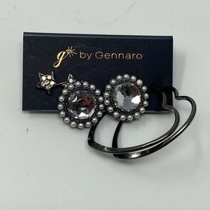G by Gennaro Three Pair Gray Metal Earrings Hearts Rounds Stars Clear Rhinestone